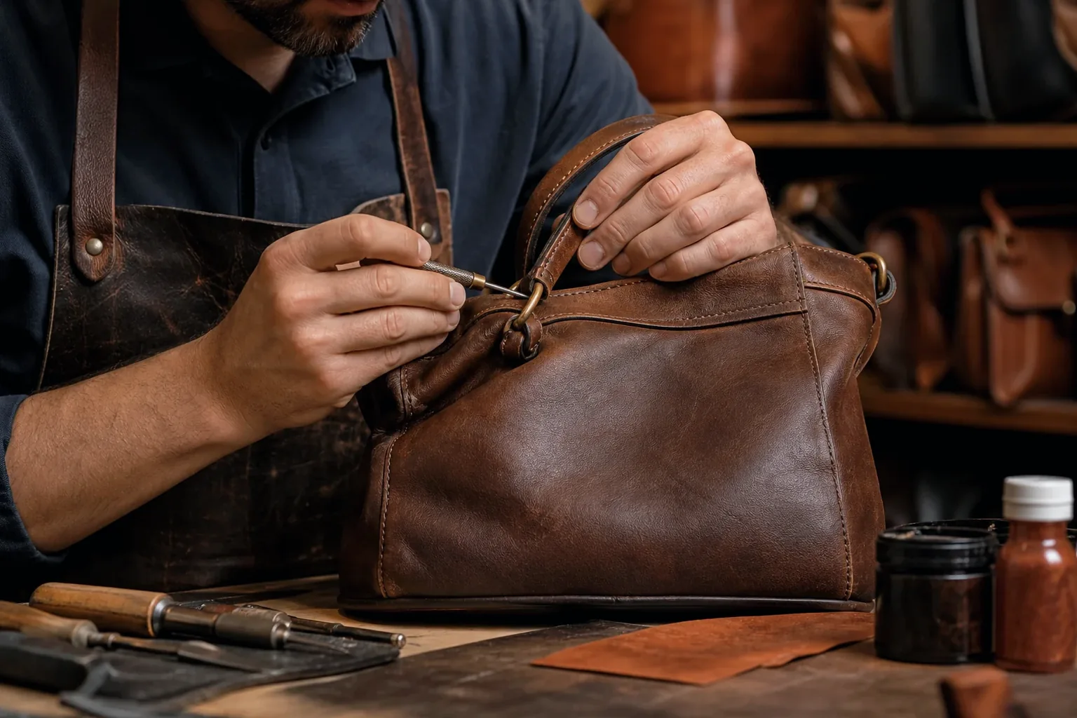Sapateiro reformando uma bolsa de couro em Itaquaquecetuba.