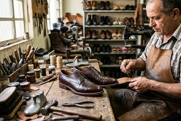 Sapatos reformados com qualidade visível, mostrando o resultado do trabalho de sapateiro em Itaquaquecetuba.